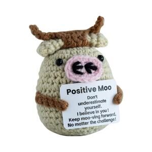 Handmade Motivational Crochet Cow Positive Moo Desk Buddy New